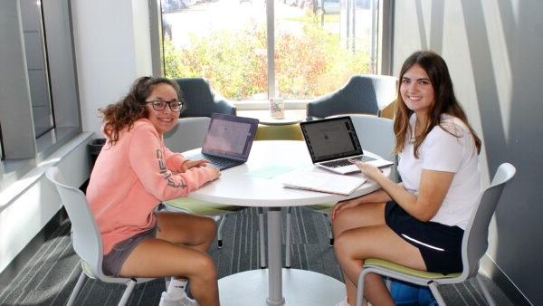 A couple of women sitting at a table with laptops